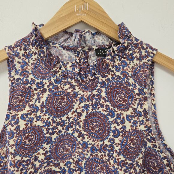 J. Crew Top Size S Fleur Sleeveless Paisley Floral Ruffle Neck Blouse Linen Prep - Picture 2 of 7